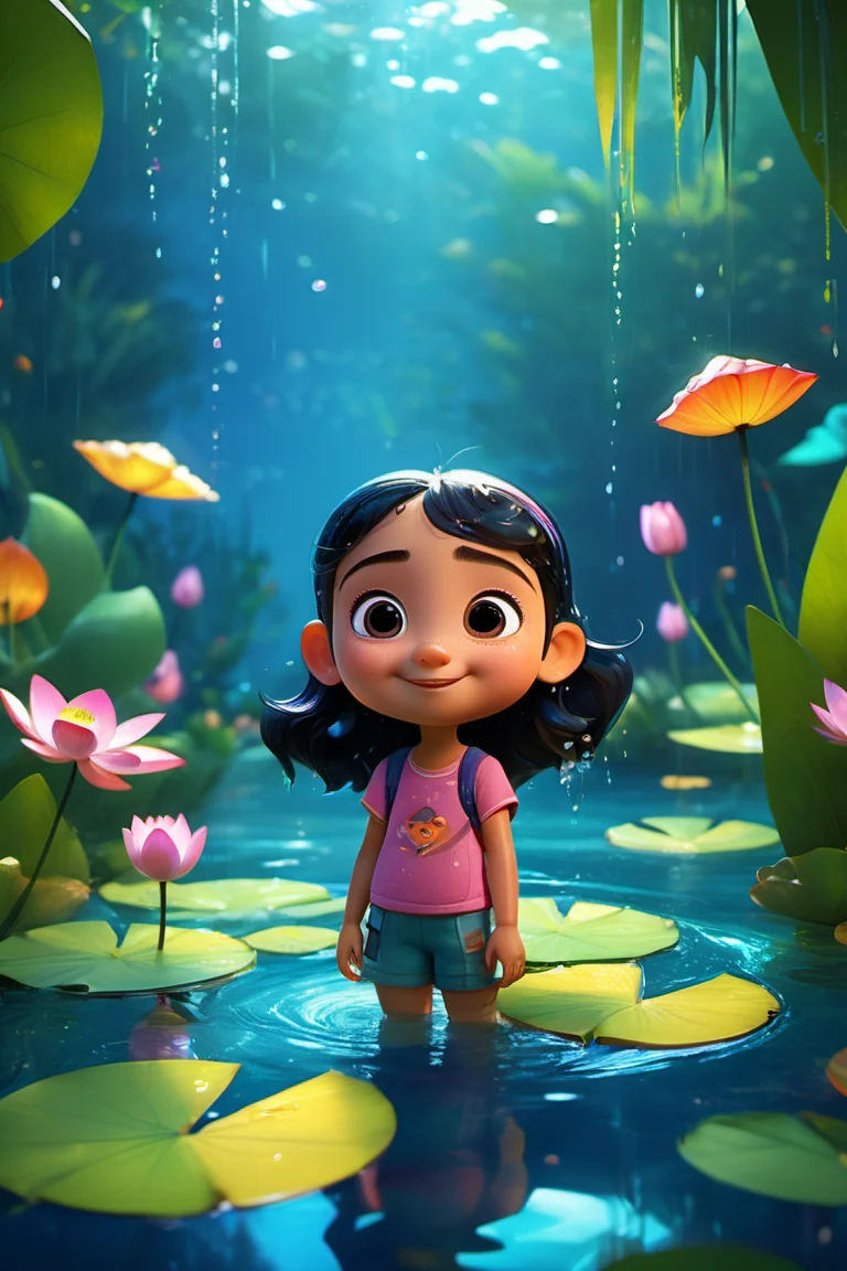 <lora:xl_more_art-full_v1:1>,cinematic film still style of Pixar,(and simple geometric forms while exuding a lighthearted and visually impactful Pixar charm),(combined with geometric forms),(and a focus on unity. The modern digital painting captures the essence of hybrid creatures),
in the style of cute and dreamy,backlight,colorful caricature,rain,summer pond,lotus leaf,lotus,((water drops)),wet clothes,((beautiful detailed water)),dynamic angle,smug,crazy_smile,naughty_face,
(((masterpiece))),(best quality),((ultra-detailed)),Photorealistic,16K,high detail,high resolution . shallow depth of field,vignette,highly detailed,high budget,bokeh,cinemascope,moody,epic,gorgeous,film grain,grainy,