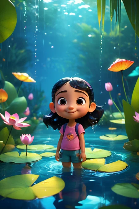 <lora:xl_more_art-full_v1:1>,cinematic film still style of Pixar,(and simple geometric forms while exuding a lighthearted and visually impactful Pixar charm),(combined with geometric forms),(and a focus on unity. The modern digital painting captures the essence of hybrid creatures),
in the style of cute and dreamy,backlight,colorful caricature,rain,summer pond,lotus leaf,lotus,((water drops)),wet clothes,((beautiful detailed water)),dynamic angle,smug,crazy_smile,naughty_face,
(((masterpiece))),(best quality),((ultra-detailed)),Photorealistic,16K,high detail,high resolution . shallow depth of field,vignette,highly detailed,high budget,bokeh,cinemascope,moody,epic,gorgeous,film grain,grainy,