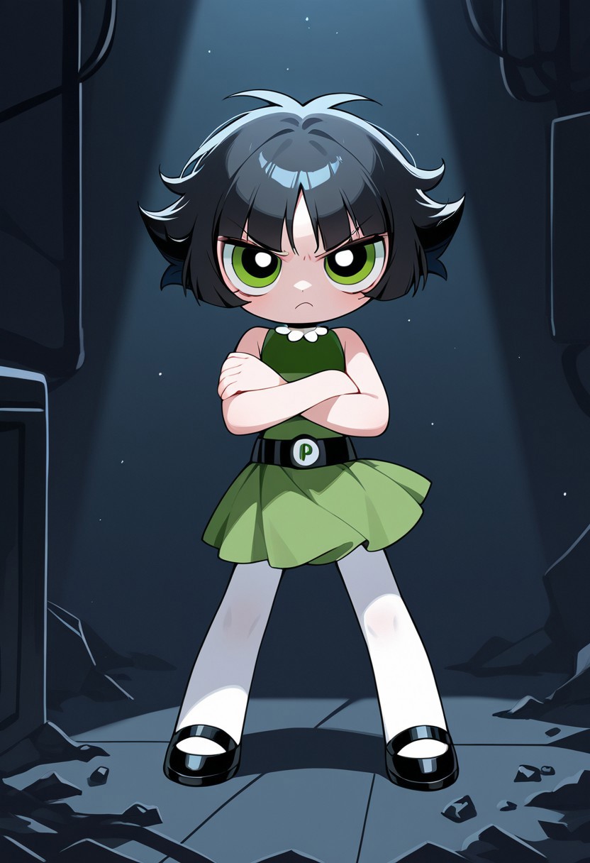 <lora:Powerpuff_Girls-000037:0.8>, 
buttercup \(ppg\), chibi,
black hair, short hair, green eyes, 
expressive eyes,
cold color, volumetric lighting,
BREAk, cartoon, source_cartoon,
green dress, black belt, 
white pantyhose, black shoes,
dark room, 
looking at viewer,
full body, 
1girl,solo,
Annoyed,
