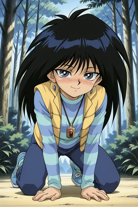 masterpiece,best quality,amazing quality, MokubaKaibaYGOILXL, 1boy, retro artstyle, grey eyes, black hair, long hair, bangs, flat chest, necklace, yellow vest, blue shirt, striped shirt, blue pants, blue shoes, solo, full body, all fours, seductive smile, looking at viewer, naughty face, nose blush, forest, tree    <lora:MokubaKaibaYGOILXL:1>