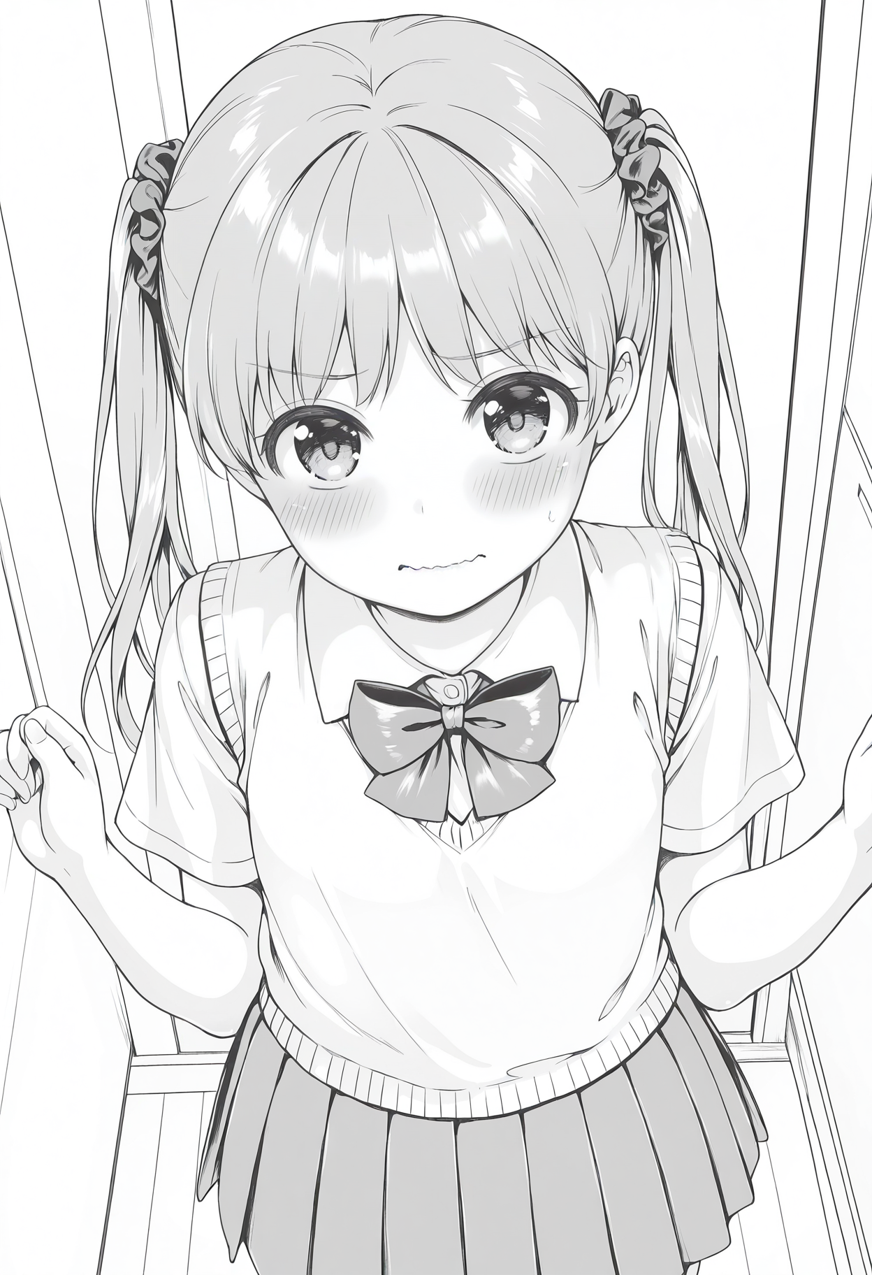 highres, best quality, masterpiece, indoors,
1girl, solo, otomoyki, long hair, twintails, hair scrunchie, flat chest, monochrome, greyscale,
school uniform, bowtie, short sleeves, shirt, vest, pleated skirt, skirt,
looking at viewer, blush, embarrassed,
hands up, wavy mouth, from above,
<lora:_yuki_otoomo-elesico-ilxlD:1>