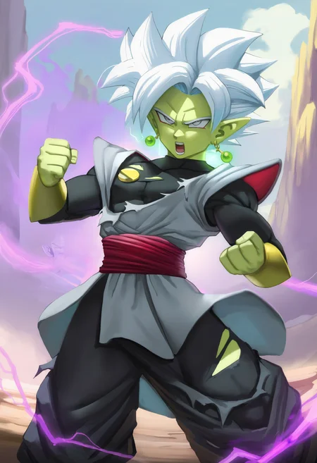 masterpiece, best quality, newest, outdoors, mountain, 1boy, male focus, solo, fused zamasu, colored skin, green skin, spiked hair, short hair, white hair, parted bangs, super saiyan, pointy ears, potara earrings, yellow earrings, grey eyes, black shirt, long sleeves, shirt under tunic, grey tunic, shoulder pads, red trim, gold button, black pants, red sash, baggy pants, black pants, purple aura, purple energy, energy overflow, aura overflow, glowing, floating hair, electricity, powering up, fighting stance, clenched hands, shouting, angry, torn clothes, torn pants, torn shirt <lora:Elitenappa Illustrious:1>