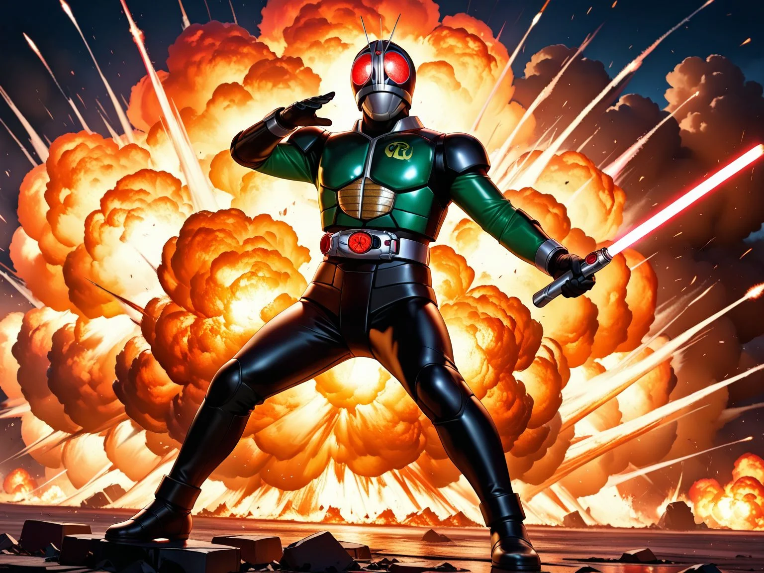 best quality,illustration,perfect hands,realistic,kamen rider,full body, (wide shot:1.2),
1boy, male focus, belt, solo,huge explosion background, glowing eyes, strike pose, night, helmet,holding lightsaber,<lora:Kamen_rider_black_RX:1> <lora:illexplosion_i10_v100:1>