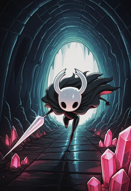 813nm0hstyle, masterpiece, best quality, solo, hollow knight, small, running, combat stance, white horns, black body, black cape, backlighting, underground pink crystal caverns, giant pink crystals, illuminite, refraction,