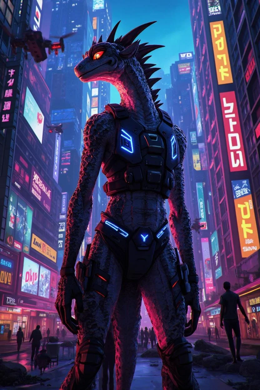 <lora:ck-LttleGhost-000011.safetensors:1> in the style of ck-lttlegh0st
In the heart of a neon-lit cyberpunk metropolis, a towering, life-sized anthropomorphic lizard figure stands as a striking centerpiece in a bustling urban plaza. The figure's intricate scales catch the vibrant glow of the city's holographic billboards, casting a mesmerizing play of colors across its armored form. Its menacing, glowing orange eye pierces through the kaleidoscope of neon lights, adding a sense of ominous presence.
The lizard warrior is clad in a heavily armed tactical vest, adorned with digital blue accents that pulse rhythmically with the city's energy. Its spiked protrusions, along the back and shoulders, glisten under the artificial glow, giving it a fierce and otherworldly appearance. The figure's battle-worn texture and high-resolution details make it a stand-out piece, capturing the essence of a dystopian future.
Around the figure, the cityscape rises in sleek, high-tech buildings made of glass and steel, with vertical gardens and floating drones adding to the sense of verticality and advanced technology. Holographic advertisements and neon signs in a cacophony of bold colors highlight the architectural features, creating a dynamic visual experience. Despite the gleaming tech, signs of urban decay are evident in the form of abandoned buildings, graffiti, and neglected areas, reflecting the social and economic disparities of this futuristic world.
This immersive, high-quality figure is a perfect addition to any sci-fi collection, ideal for display, cosplay, or themed events. It embodies the unique and fierce look of a cyberpunk warrior, seamlessly blending into the vibrant, neon-lit metropolis.