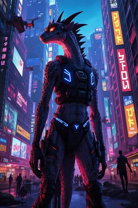 <lora:ck-LttleGhost-000011.safetensors:1> in the style of ck-lttlegh0st
In the heart of a neon-lit cyberpunk metropolis, a towering, life-sized anthropomorphic lizard figure stands as a striking centerpiece in a bustling urban plaza. The figure's intricate scales catch the vibrant glow of the city's holographic billboards, casting a mesmerizing play of colors across its armored form. Its menacing, glowing orange eye pierces through the kaleidoscope of neon lights, adding a sense of ominous presence.
The lizard warrior is clad in a heavily armed tactical vest, adorned with digital blue accents that pulse rhythmically with the city's energy. Its spiked protrusions, along the back and shoulders, glisten under the artificial glow, giving it a fierce and otherworldly appearance. The figure's battle-worn texture and high-resolution details make it a stand-out piece, capturing the essence of a dystopian future.
Around the figure, the cityscape rises in sleek, high-tech buildings made of glass and steel, with vertical gardens and floating drones adding to the sense of verticality and advanced technology. Holographic advertisements and neon signs in a cacophony of bold colors highlight the architectural features, creating a dynamic visual experience. Despite the gleaming tech, signs of urban decay are evident in the form of abandoned buildings, graffiti, and neglected areas, reflecting the social and economic disparities of this futuristic world.
This immersive, high-quality figure is a perfect addition to any sci-fi collection, ideal for display, cosplay, or themed events. It embodies the unique and fierce look of a cyberpunk warrior, seamlessly blending into the vibrant, neon-lit metropolis.