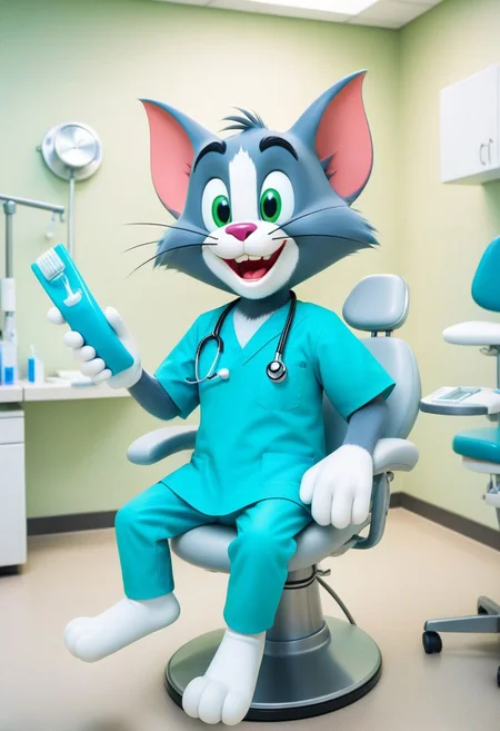 (Tom & jerry),Cartoon (Tom:1.35) cat as a doctor, in a doctor suit, in the dental office at the dentist's chair, with a model of the tooth in his hands, looking up with an adventurous gleam in his eyes, full length shot