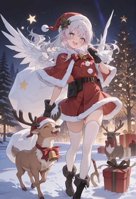 perfect quality,high quality,masterpiece,best quality,amazing quality,very aesthetic,Cinematic Lighting,newest,Tactical use of shadow,
1girl,lightslategray hair,soft waves hair,
hat,red headwear,thighhighs,gift,wings,gloves,dress,white thighhighs,reindeer,smile,bell,christmas,full body,santa hat,black gloves,bow,candy cane,candy,open mouth,sack,holding,:d,boots,looking at viewer,fur trim,red dress,star (symbol),holding sack,gift box,feathered wings,blush,animal,white wings,food,hair ornament,red bow,,
<lora:ponyv4_noob1_2_adamW:0.6>,<lora:spo_sdxl_10ep_4k-data_lora_webui:0.6>,<lora:USNR STYLE_XL_loha:0.45>,<lora:HG2512 by CYQL:0.9>,HG2512,usnr,,