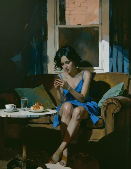 By Donna Young. A digital illustration shoot from the side about a woman sitting on a couch in a dimly lit room, looking at her phone while holding a glass of water. the woman, who appears to be in her late twenties, has short, wavy black hair and is wearing a blue dress. she is sitting in the middle of the image, with her legs crossed and bare feet visible. her expression is serious, and she is holding a smartphone in her hands. on the table next to her, there is a plate with a piece of bread and a cup of coffee. the room has a window with blue curtains, and the atmosphere is cozy and intimate. the lighting is soft and warm, creating a sense of comfort and relaxation.