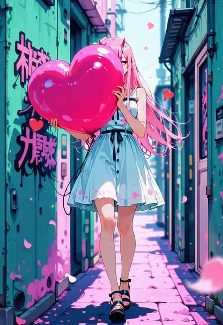 masterpiece, best quality, good quality, very aesthetic, absurdres, newest, 8K, depth of field, focused subject, in the style of cknc, artist:moriimee, in the style of cksc, hrtdrp, Hearts Drips, BREAK
Zero Two (Darling in the Franxx, summer dress, holding heart-shaped balloons, walking past to a wall with anime graffiti under sakura trees, ((falling sakura petals)), outdoors