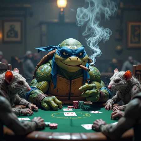 An old ninja turtle is playing poker with some old decrepit humanoid rats. The ninja turtle is smoking a cigar. The room is dark and the air is cloudy with cigar smoke. The ninja turtle is running dangerously low on chips. (cinematic)