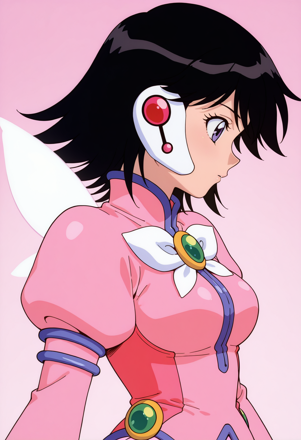 masterpiece, best quality, very aesthetic, absurdres, 1girl, solo,
<lora:corrector_ai_fairy_yui_v01:0.9>, corrector_ai, fairy_element_suit_yui, black hair, short hair, purple eyes, breasts,
magical girl, single headset, pink dress, long sleeves, puffy sleeves, brooch, wings, profile, upper body