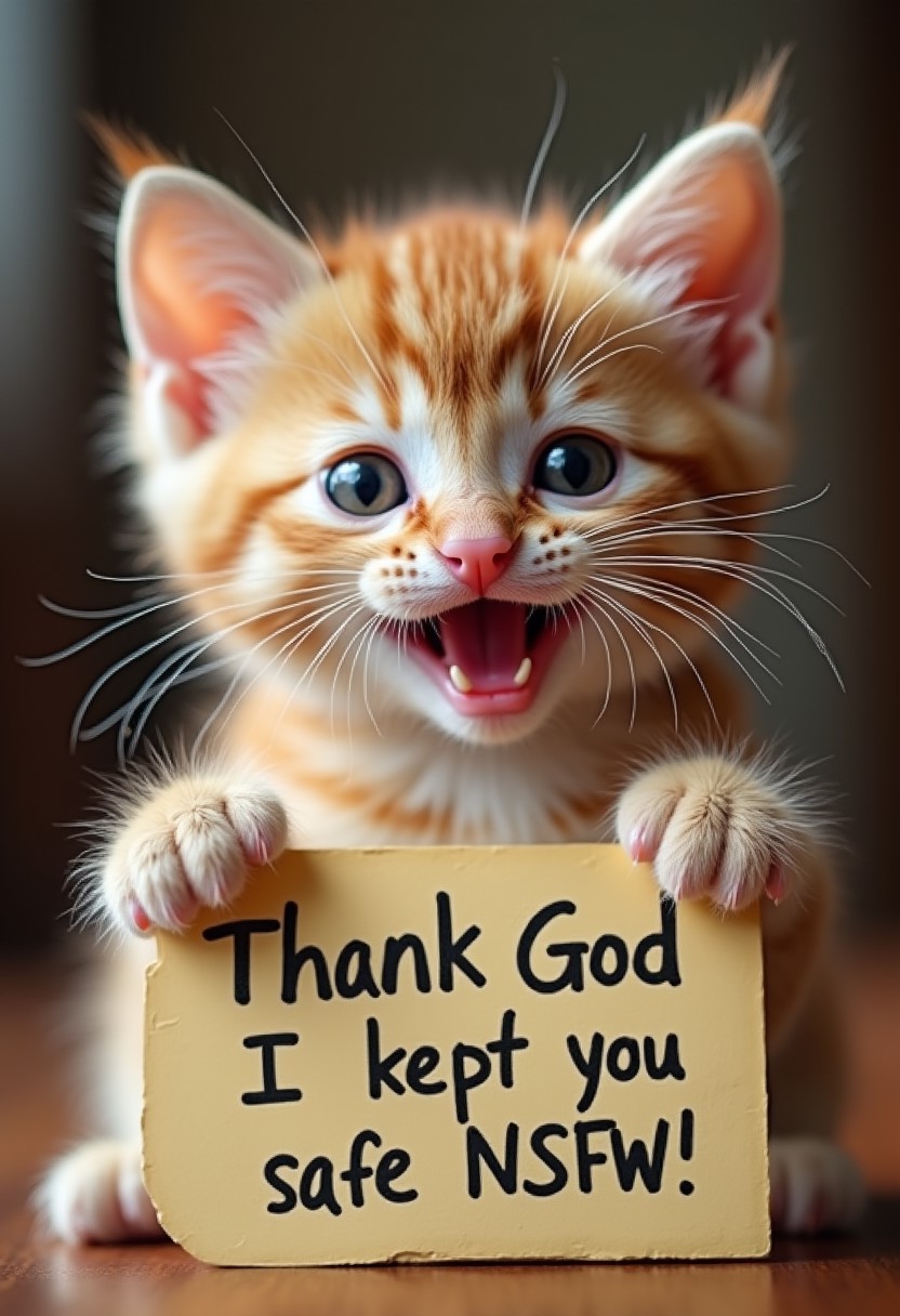 A smiling little kitten is holding a table and the sign says "Hop. Thank God I kept you safe from NSFW."