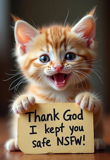 A smiling little kitten is holding a table and the sign says "Hop. Thank God I kept you safe from NSFW."