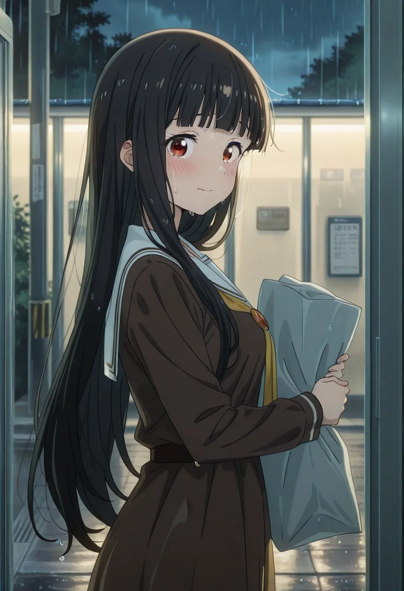 masterpiece, best quality, newest, anime screencap, <lora:nukumizu kaju_makeine_IllustriousXL_epoch-000059:1>, 1girl, kaju-default,nukumizu kaju, brown eyes, perfect eyes, black hair, long hair, blunt bangs,brown dress,dress,long sleeves,white sailor collar, medium breast, shiny skin, wet, wet hair, wet clothes, closed mouth, scared, blush, embarrassed, looking at viewer, hugging bag, side view, bustop, raining, night, perfect anatomy