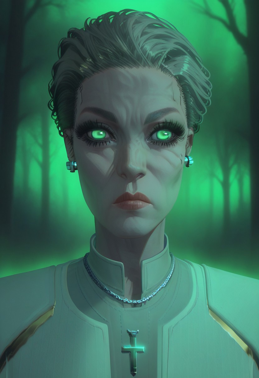score_9, score_8_up, score_7_up,
GLSHS, a girl with long hair and glowing green eyes in a forest with trees, green theme, long eyelashes, cross necklace, straight hair, bangs, black dress, ear piercing, cross earrings,Rosalind Myers