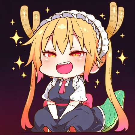 masterpiece, best quality, simple illustration, Tohru, Tohru_(Maidragon) , full body, solo, dark background, sparkles, vivid colors, tail ,happy, sitting, Main Outfit, looking to viewer, laughing, chibi, CuteChibi_ST, CTCB_ST