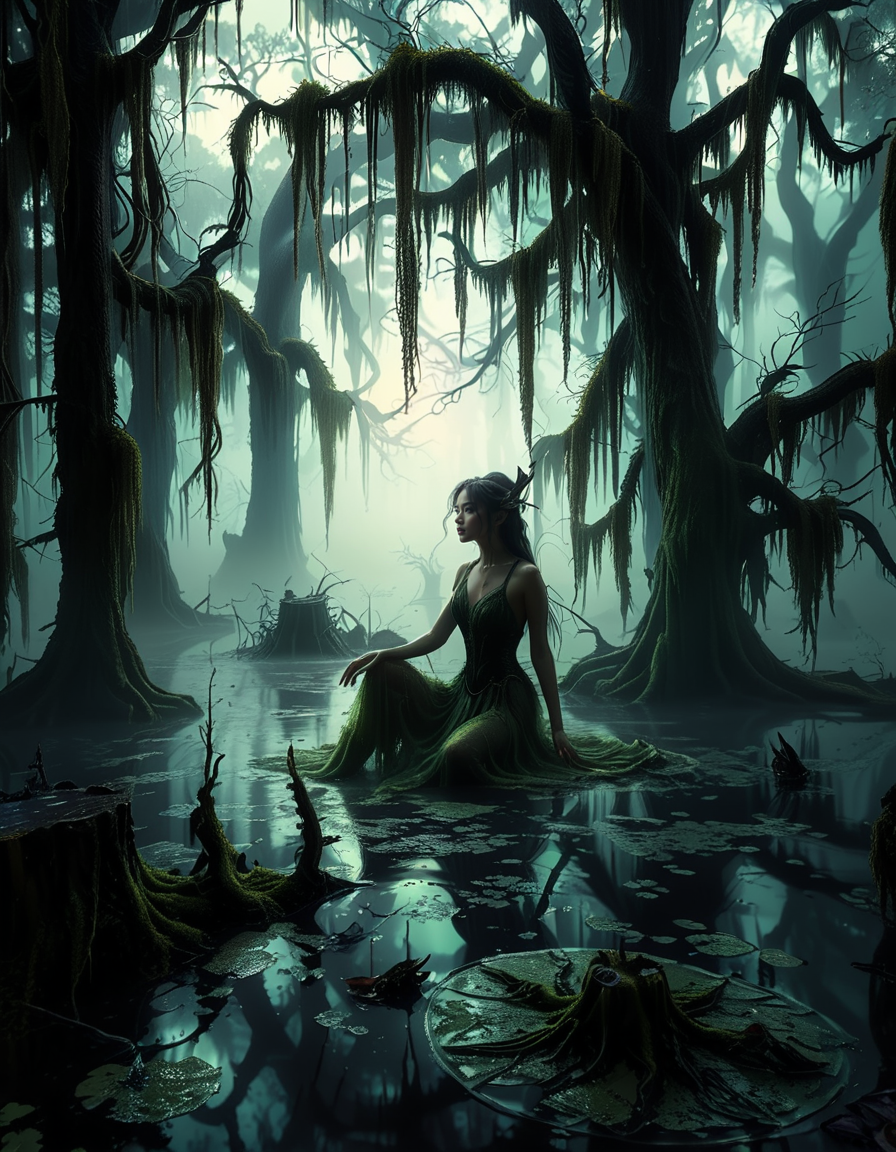 A demonic fairy woman sitting gracefully in an ominous swamp,0m1n0us sw4mp. She has a hauntingly beautiful appearance, with translucent, tattered wings resembling those of an insect, glowing faintly in a dark, eerie hue. Her skin is pale with subtle, intricate patterns like magical runes etched into it, and her eyes glow with an unsettling red or violet light. She wears an ethereal, dark gown made of shredded, otherworldly fabric that appears to flow like smoke, blending with the mist of the swamp. Her hair is long, wild, and black with streaks of silvery white, floating slightly as if affected by unseen magical energy.
The swamp around her is dark and foreboding, with twisted, gnarled trees reaching out like claws. The water is murky, reflecting a pale, sickly green glow from bioluminescent plants and fungi scattered throughout. The air is filled with a faint, ghostly mist, and strange, faint lights hover in the background, adding a mystical atmosphere. The lighting is dim, with a soft, ethereal glow illuminating the fairy woman from below, contrasting with the deep shadows of the swamp. The mood is dark, mysterious, and magical, evoking both beauty and menace.<lora:SDXLFaeTastic2400:0.4> <lora:extremely_detailed:0.4> extremely detailed, <lora:0m1n0us_sw4mp:1>, Masterpiece,best quality,hi res,8k,hi res,8k,award winning,(sharp focus, intricate, highly detailed),