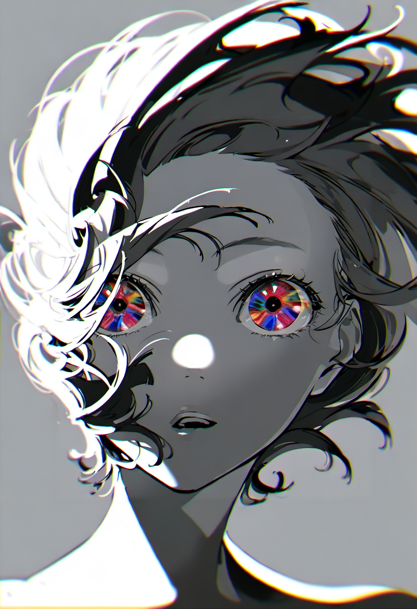 solo, 1girl, monochrome, short hair, spot color, multicolored eyes, greyscale, portrait, floating hair, parted lips, grey background, looking at viewer, shadow, open mouth, chromatic aberration, simple background, eyelashes <lora:yoneyamaiXL_NBVP1_lokr_V6311PZ:0.95>