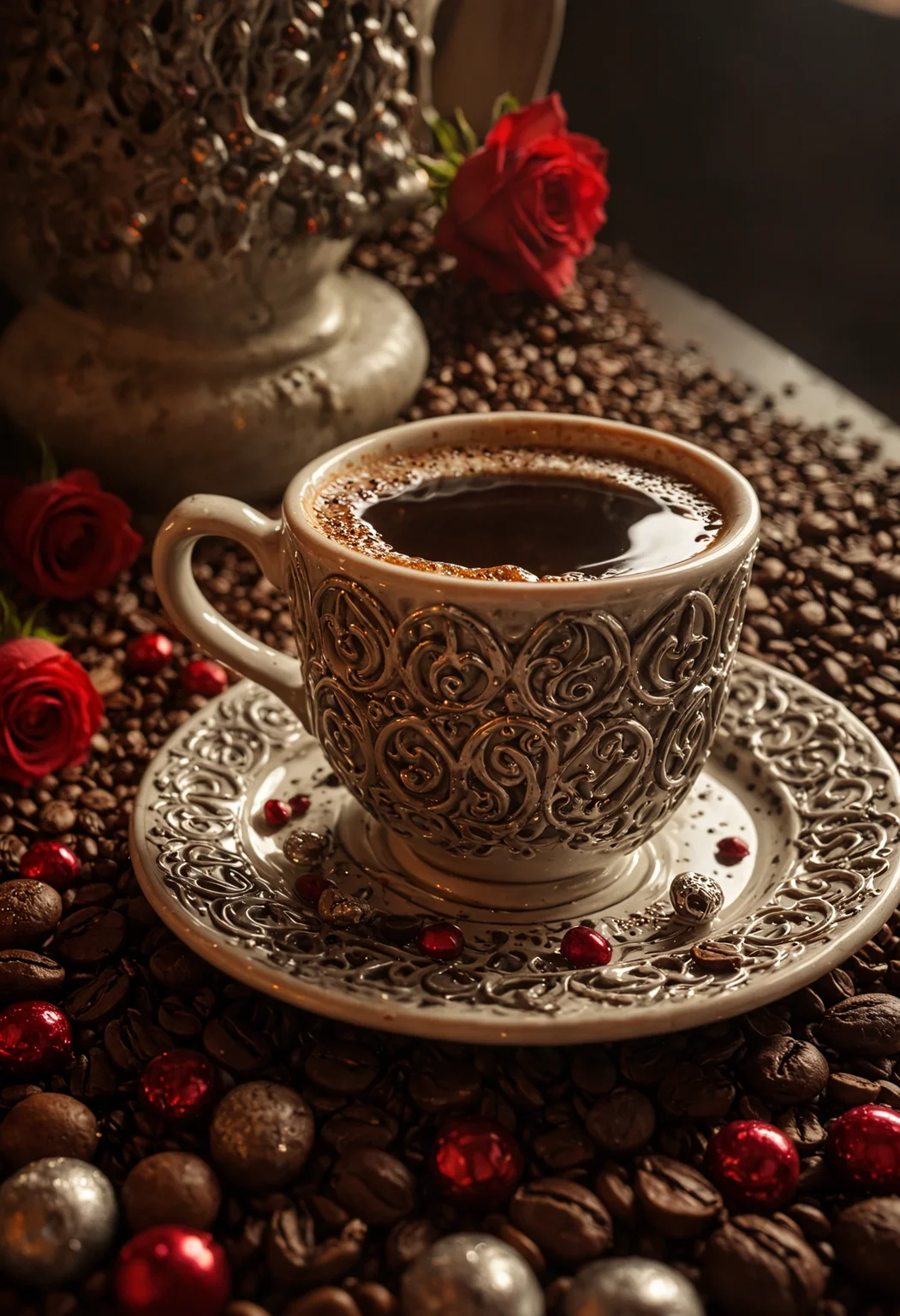 __High-angle shot__
__In the style of Gothic__
an inviting gothic-shaped ((((huge coffee cup))))+++, Intricate design, (with metallic {black|silver} ornaments:1.2), amidst scattered (roasted juicy coffee beans) and is accompanied by a (single __Blood Red__ __rose__)+++, captured by a __Canon EOS R6 Mirrorless Camera__ with soft natural lighting
(masterpiece, award winning artwork) many details, extreme detailed, full of details, Wide range of colors, high Dynamic <lora:add-detail-xl:1> <lora:WildcardX-XL-Detail-Enhancer:0.9> <lora:SDXLFaeTastic2400:0.085> <lora:MJ52:0.185> <lora:sinfully_stylish_SDKL:0.11> <lora:casting shadow style v2:0.1> <lora:CinematicStyle_v1:0.42> casting shadow style, cucoloris patterned illumination