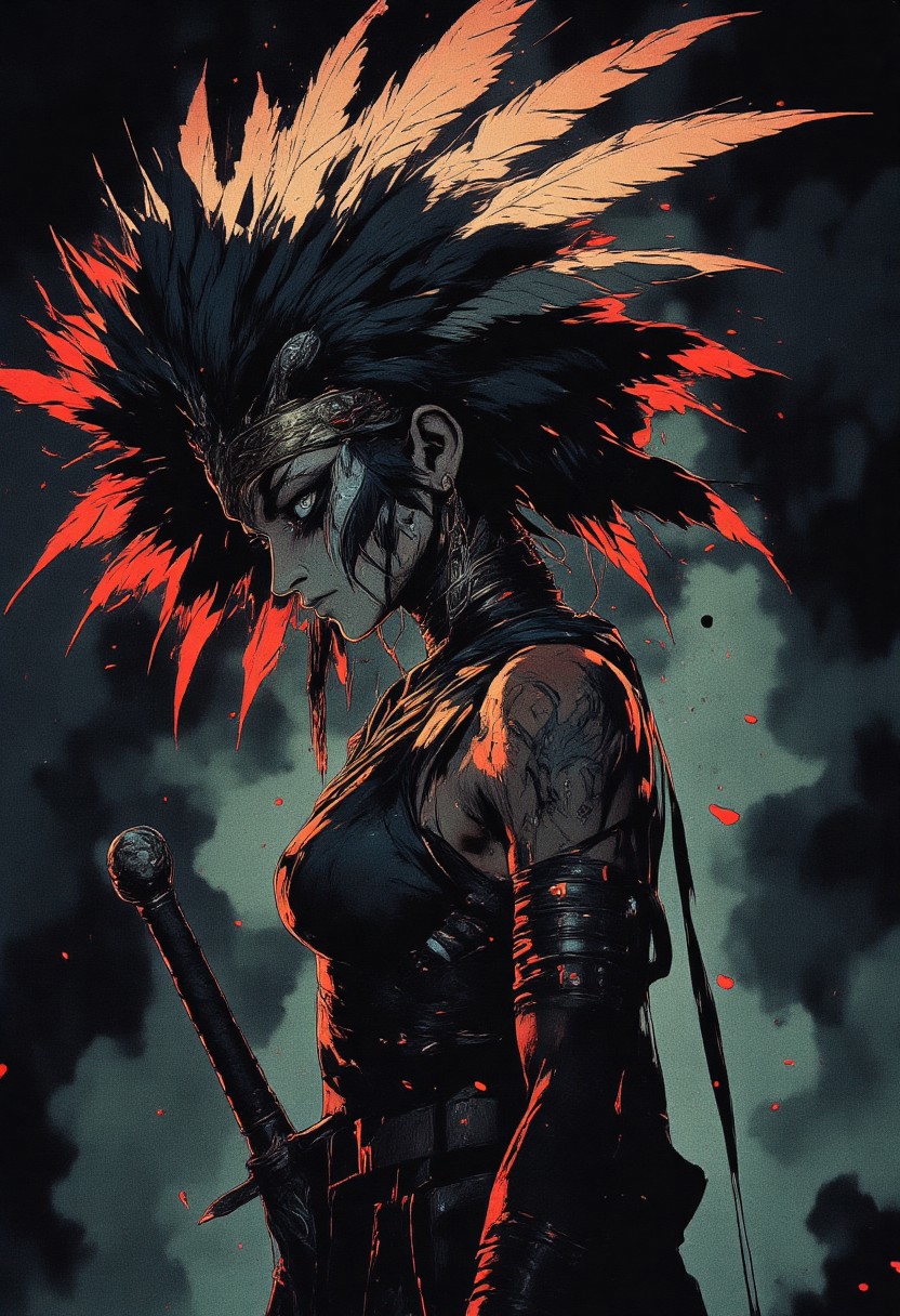 Female aztec warrior, tribal, wolf headdress, Revenant, war paint, face paint, eye black, glowing eyes, in profile, toned arms, braided hair, large breasts, dark and moody background, adds a dramatic tone, subtle lighting reflections, ray traced, foreshortening, particle effect, Holding a sword,