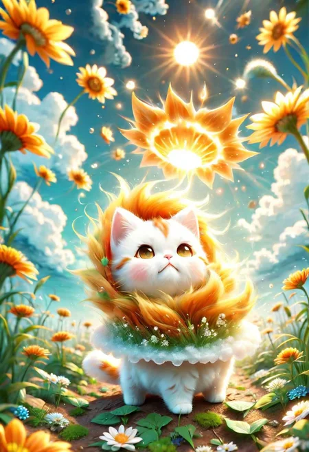 ral-fluff,<lora:ral-fluff:1>,
chibi,masterpiece,best quality,original,official art,cat, hat,flower,blurred background,cartoon rendering,beautiful detailed glow,(detailed ice),beautiful detailed sun,sunny, blurred flower, happy