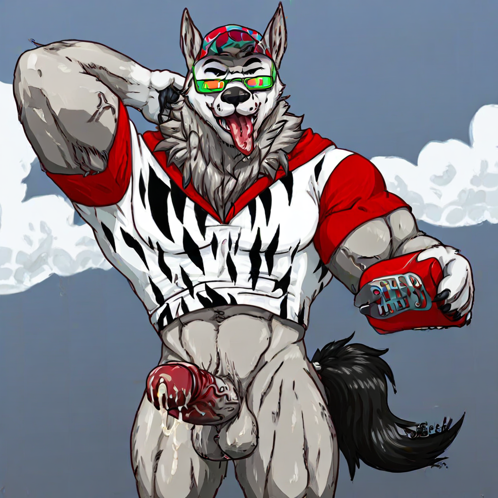 holding shampoo bottle, shirtless, clouds, lowering sun glasses, male, chumbasket art style, grey background, veiny penis, shirt pulled up some, k9 hand, presenting neck, cum strands, Shadow on the wall, pectoral veins, Tongue out, looking at viewer, human genitals, standing, cum, toned muscular legs, presenting abs to viewer, manly chest outline on shirt, tail up, presenting penis, ripping shirt, detailed abs, Bara, muscular neck, arm behind head, bed, shirt pulled over chest, zebra print, penis out