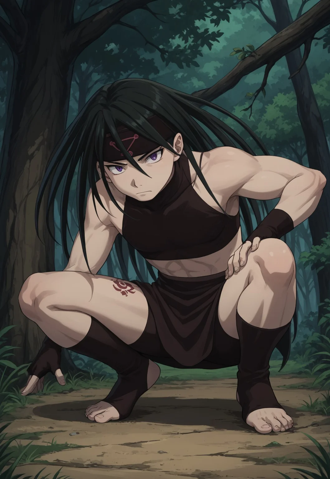 safe_pos, score_9, score_8_up, score_7_up, masterpiece, best quality, FMAB_Envy, 1boy, solo, long hair, dark green hair, black hair, purple eyes, slit pupils, headband, crop top, bare shoulders, midriff, gloves, fingerless gloves, skirt, side slit, bike shorts under skirt, bike shorts, toeless legwear, leg tattoo, tattoo on right leg, dynamic pose, perspective, neutral, closed mouth, forrest, squatting, tree branch