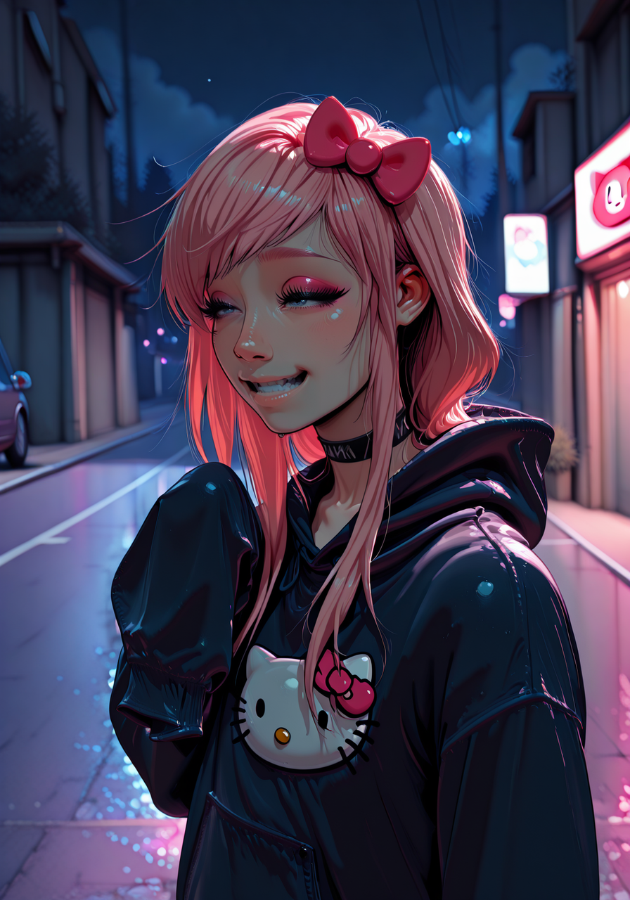 embedding:IllusP0s, s0larpunk, asymmetrical bangs, long hair, eyelashes, eyeliner, choker, hair bow, baggie hoodie, hello kitty logo, sleeves past fingers, giggling, outdoors, night, 1girl, solo, parking lot, pink hair, embedding:IllustriousQual, embedding:Smooth Quality,<lora:scene_queen_v2.safetensors:1.0:1.0> <lora:s0larpunk.safetensors:1:1>