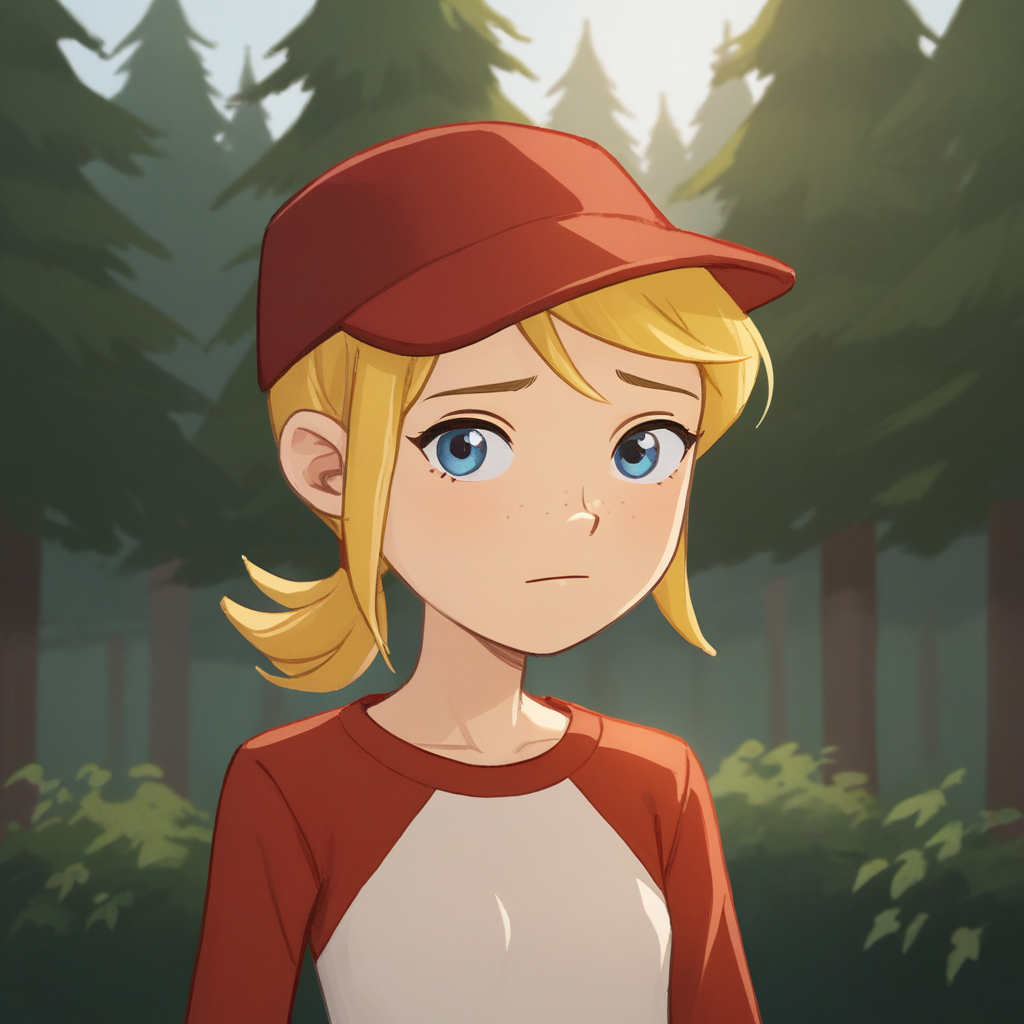 score_9_up, score_8_up, BREAK, Lottie, 1girl, solo, blonde hair, short ponytail, blue eyes, red hat, raglan shirt, red long sleeves, upper body,  <lora:Lottie_LexiAndLottie_PXL_Leaf1:0.8>, looking at viewer, forest,