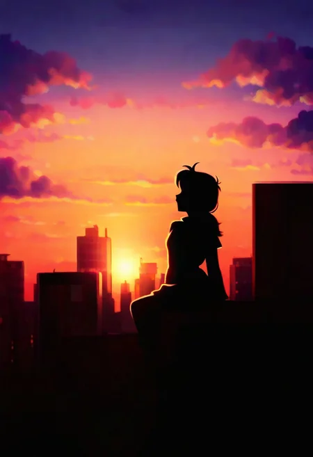 masterpiece, best quality, Art Deco styled skyscraper in a bustling city, clouds, sunset, high quality, city, precius vista, anime style, 1girl, sitting on rooftop, watching at the sky, silhouette,