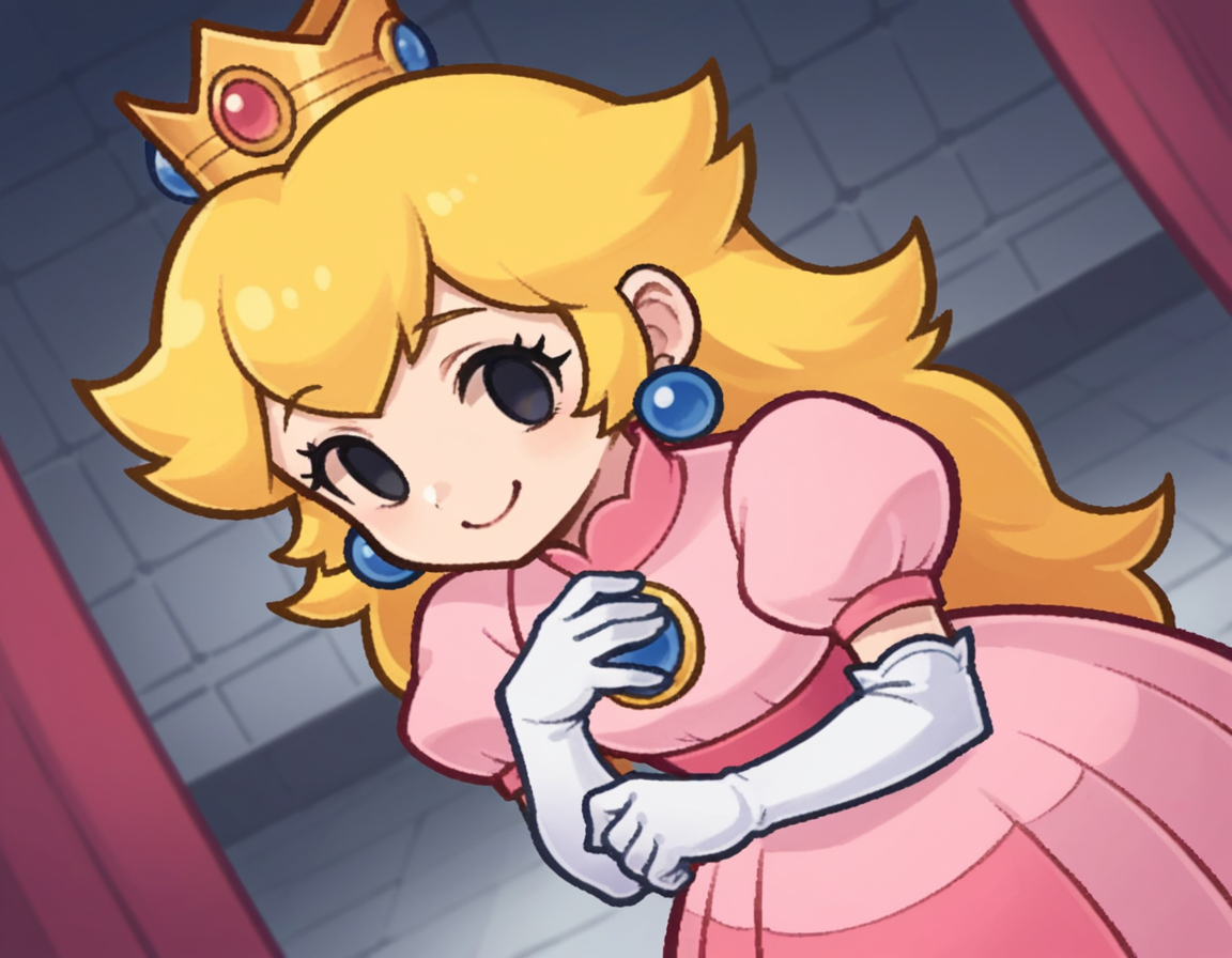 score_9, score_8_up, score_7_up, source_anime,
princesspeach, <lora:paper-peach-ingame-ponyxl-lora-nochekaiser:0.8>,
peach, long hair, blonde hair, chibi, solid oval eyes, no sclera, black eyes, eyelashes,
gloves, dress, jewelry, earrings, elbow gloves, crown, pink dress,
indoors, bent over, smile,
looking at viewer, solo, dutch angle, cowboy shot,