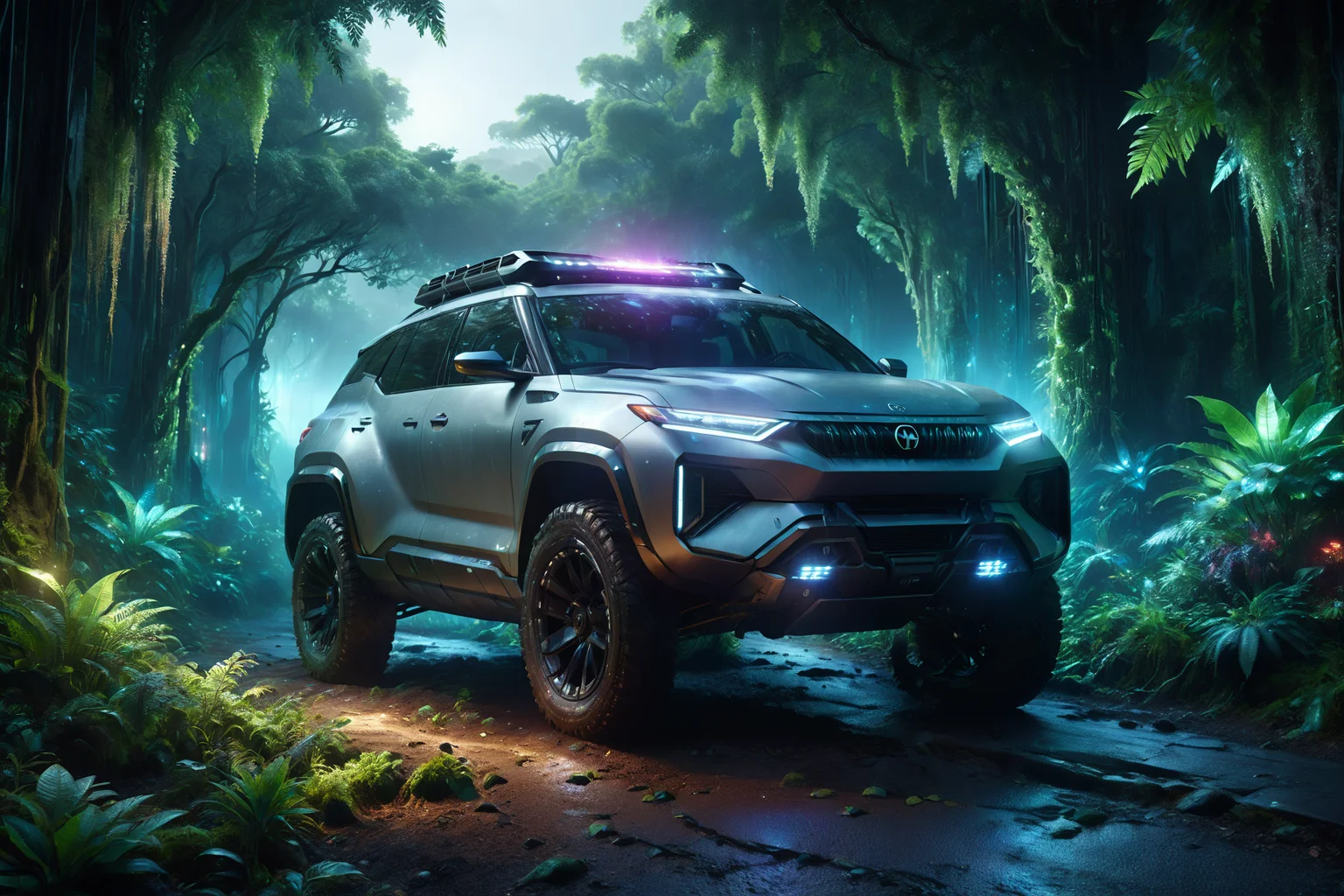 morph-aurora, a futuristic SUV with rugged design, elevated chassis, solo, holographic windshield, displaying data, futuristic jungle, glowing plants, misty air, detailed background, hovering above a jungle, vines below, glowing plants, portrait focus, close-up shot, a futuristic beacon, glowing softly, on the road, best quality, rich colors, photorealistic style, high detail, high-definition, hyper-realistic, extremely high-resolution details, fine texture, incredibly lifelike, realistic, not fantasy, not anime, not drawing, highres, 4K resolution, source photo, realistic photo, masterpiece, best quality, amazing quality, very aesthetic, ultra-detailed, detailed surfaces, natural metallic tones, soft lighting, futuristic grey, matte finish, dim light, dynamic angle, wide shot, <lora:add-detail-xl:1> <lora:aurora_0_100_V1-000009:0.65>