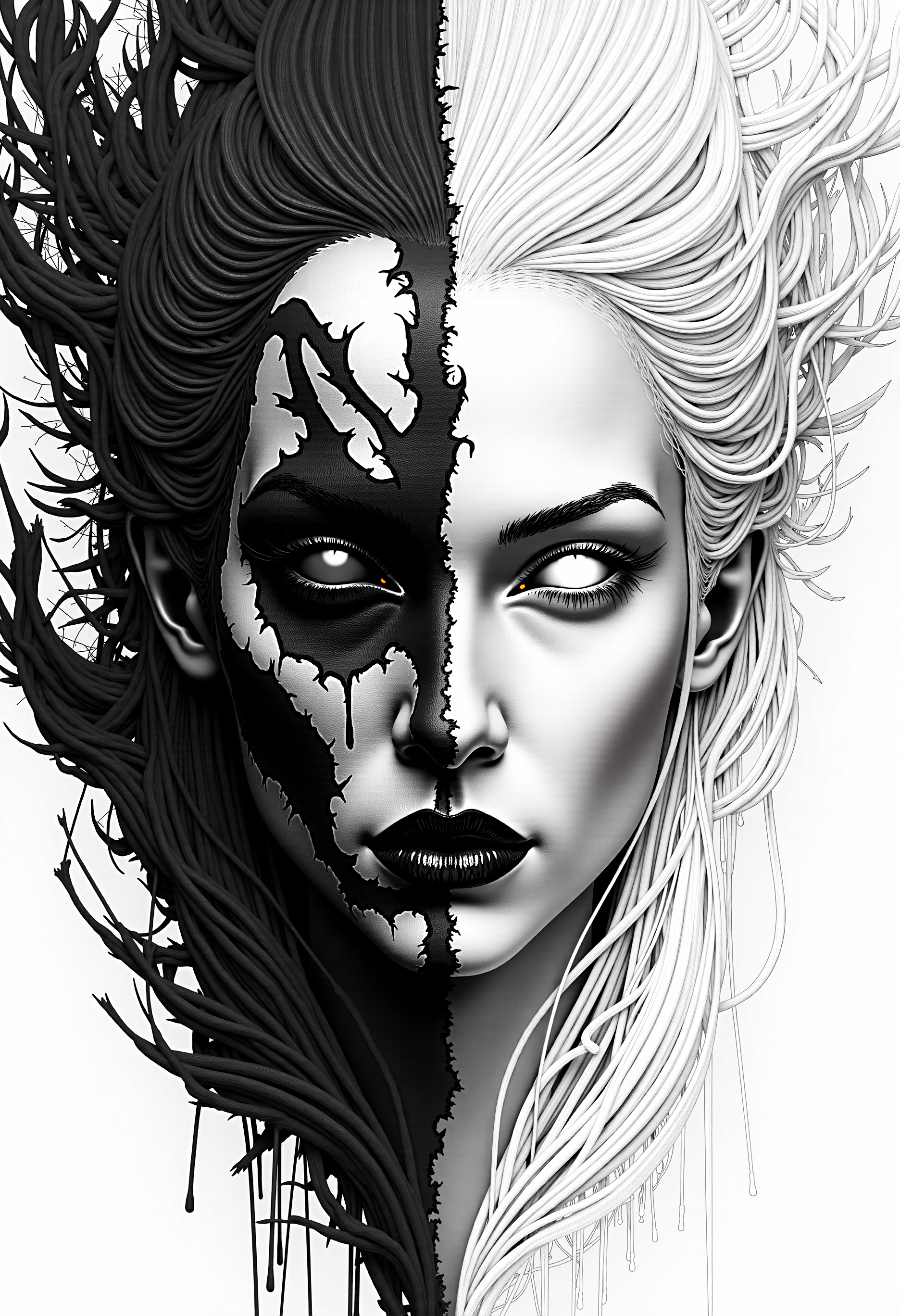 A portrait of a Hel's face, the ruler of Helheim. The face is divided into two halves. The left side of the face is dark, with signs of death and decay, with lifeless looking skin and a blind dark eye, without pupil and iris. Hard bones under broken skin. The right half of the face is of unearthly beauty, with flawless, radiant skin and a white eye without pupil and iris. The transition between the two halves of the face is fluid, unobtrusive and symbolizes the brief moment between life and death. The picture is in a monochromatic scheme, mainly with shades of black, white and gray. concept art, concept design, digital art, digital painting, matte painting