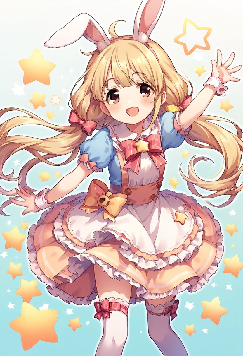 score_9, score_8_up, score_7_up, source_anime,futaba anzu, blonde hair, long hair, brown eyes,1girl, animal ears, rabbit ears, thighhighs, smile, open mouth, solo, bow, short sleeves, dress, star (symbol), blush