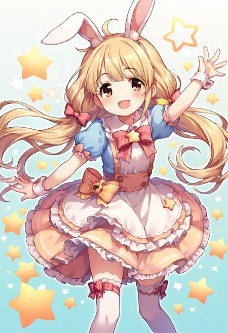 score_9, score_8_up, score_7_up, source_anime,futaba anzu, blonde hair, long hair, brown eyes,1girl, animal ears, rabbit ears, thighhighs, smile, open mouth, solo, bow, short sleeves, dress, star (symbol), blush