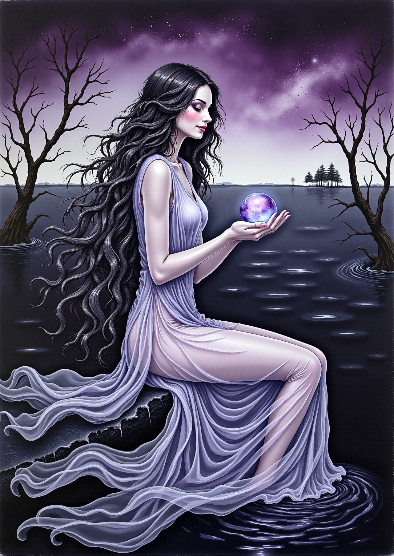 This is a surreal watercolor painting that captures the delicate balance between beauty and darkness. A breathtaking woman with flowing, ink-black hair, interwoven with shimmering silver strands, sits at the edge of a mist-covered, obsidian lake. Her long, ethereal gown, made of swirling shadows and delicate translucent fabric, cascades into the water, merging with the dark ripples. In her pale, elegant hands, she cradles an orb that glows faintly with a ghostly, blue lightâits ethereal energy warping the reality around her.
The sky above is an abstract blend of deep purples and sickly greens, where faint stars blink in and out of existence. Twisted, skeletal trees line the distant horizon, their branches curling unnaturally toward the heavens, while faint reflections of lost souls shimmer on the lakeâs surface. Her serene face holds a quiet smile, but her glowing violet eyes reflect the power and void she commands, as strange, shadowy tendrils rise from the water around her, like forgotten spirits drawn to her presence.