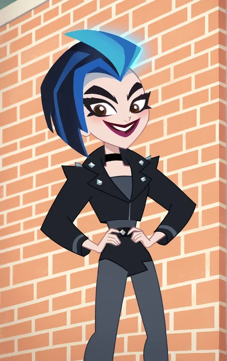((score_9)), score_8_up, ((high quality)), ((masterpiece)) BREAK
DCSG Style, LeslieW, LeslieW normal, piercing, black jacket, multicolored hair, choker, two-tone hair, short hair, brown eyes, blue hair, good hands, good anatomy, five fingered hands, brick wall, evil smile, hands on hips, (dynamic angle)<lora:DC_Superhero_Girls_2019:0.8>,<lora:pony_good_hands:0.8>