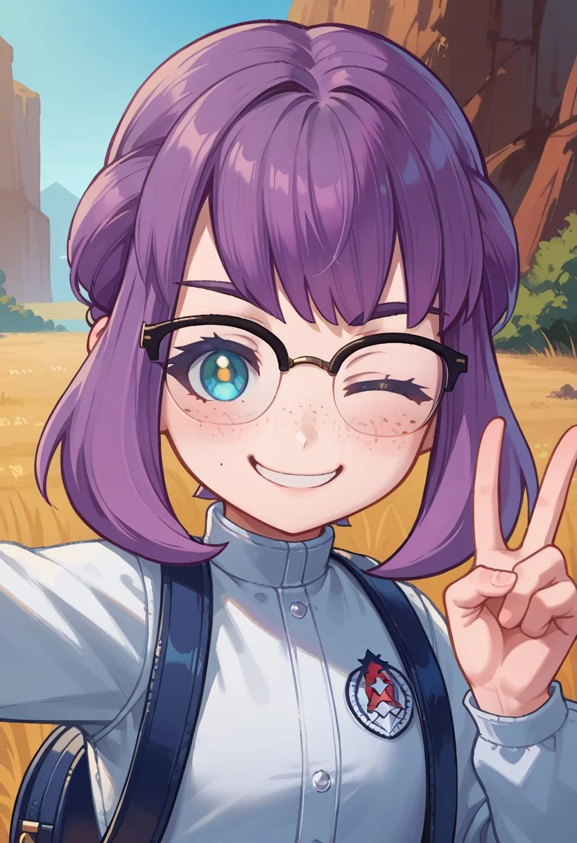 facial expression, score_7_up, score_8_up,score_9, red_osp shinycatherine, 1girl, blue eyes with yellow pupils, purple hair, bangs, romantic tuck hairstyle, freckles, glasses, white tracksuit, backpack, full torso, peace, happy, winking, smiling, facing viewer
