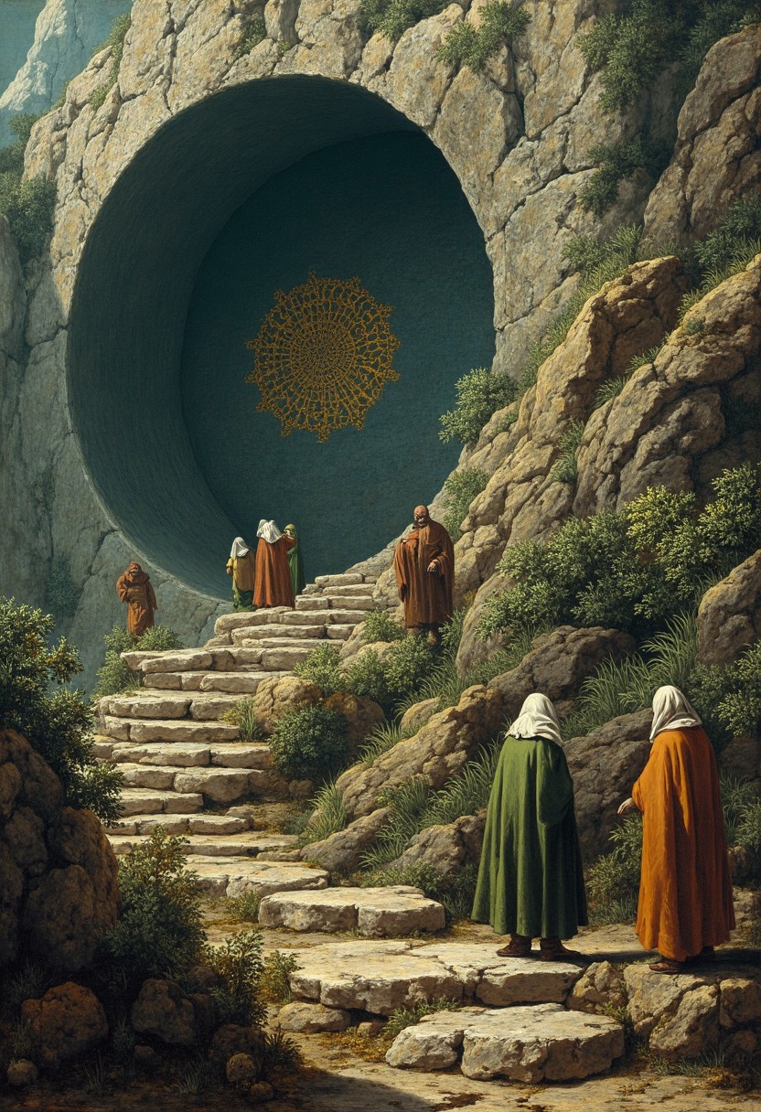 A group of elderly men, dressed in simple green and brown robes, stand on a stone path leading up to a massive, ancient circular artifact embedded in a rocky mountainside. The artifact, carved from weathered stone, features intricate, ornate golden designs at its center, hinting at a lost civilization. The men, with their hoods down, gaze at the structure in silent awe, their faces weathered and filled with reverence. The rocky landscape around them is rugged, with patches of grass and small plants growing between the stones. The lighting is soft and natural, capturing every detail of the stone textures, the wrinkles on the men's faces, and the lush environment. The scene has a calm, contemplative atmosphere, evoking a deep sense of ancient history and realism, as if witnessing a historical moment frozen in time, with a focus on hyperrealistic details and lifelike elements. ancientstyle