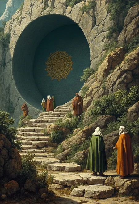 A group of elderly men, dressed in simple green and brown robes, stand on a stone path leading up to a massive, ancient circular artifact embedded in a rocky mountainside. The artifact, carved from weathered stone, features intricate, ornate golden designs at its center, hinting at a lost civilization. The men, with their hoods down, gaze at the structure in silent awe, their faces weathered and filled with reverence. The rocky landscape around them is rugged, with patches of grass and small plants growing between the stones. The lighting is soft and natural, capturing every detail of the stone textures, the wrinkles on the men's faces, and the lush environment. The scene has a calm, contemplative atmosphere, evoking a deep sense of ancient history and realism, as if witnessing a historical moment frozen in time, with a focus on hyperrealistic details and lifelike elements. ancientstyle