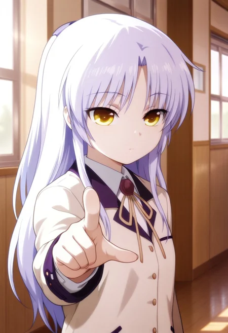 masterpiece,best quality,amazing quality, tachibana kanade, white hair, long hair, yellow eyes, 1girl, solo, school uniform, pointing, jacket, blazer