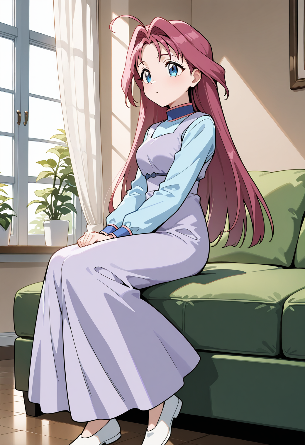 masterpiece, best quality, very aesthetic, absurdres, 1girl, solo,
<lora:kisaragi_haruna_v01:0.9>, kisaragi_haruna, haruna_casual1, pink hair, long hair, ahoge, blue eyes,
purple dress, long dress, blue shirt, white footwear, posing