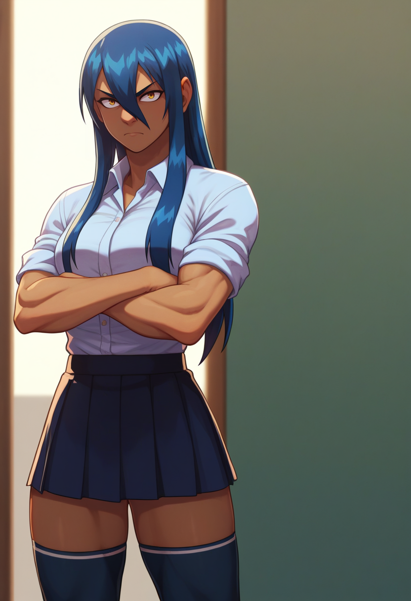 score_9, score_8_up, score_7_up, BREAK <lora:gogobomango-guy-PONYv1:.9>, gogobomango, 1girl, solo, dark skin, dark-skinned female, blue hair, hair between eyes, toned, skirt, thighhighs, collared shirt, crossed arms,