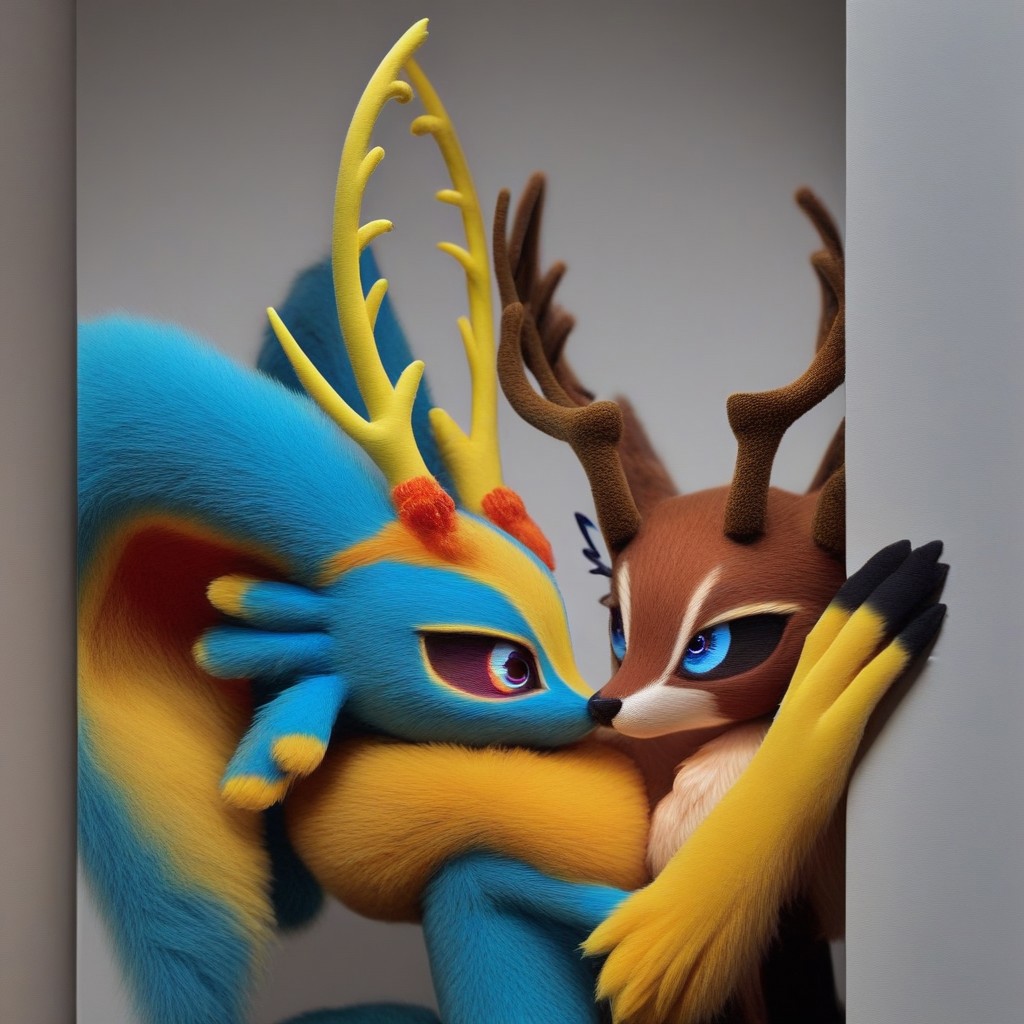 cornering, taking cover, Fecto Elfilis, blue fur, multicolored eyes, head wings, antlers, yellow fur, colored sclera, fluffy tail