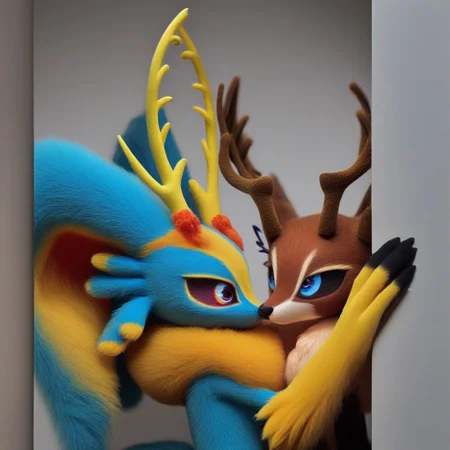 cornering, taking cover, Fecto Elfilis, blue fur, multicolored eyes, head wings, antlers, yellow fur, colored sclera, fluffy tail