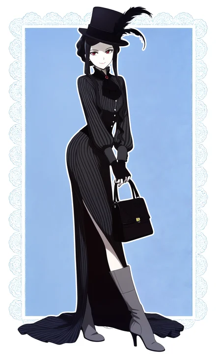 masterpiece,absurdres,best quality,high quality,<lora:MeMaXL5 Type C Vpred Noob:1>,1girl,ascot,bag,black ascot,black bag,black corset,black dress,black gloves,black hair,black hat,blue background,texture background,boots,border,braid,red eyes,buttons,pale skin,closed mouth,collared dress,corset,dress,eyelashes,fingerless gloves,full body,gloves,grey boots,handbag,hat,hat feather,high collar,high heel boots,high heels,holding,holding bag,jewelry,lace,lace-trimmed dress,lace border,lace trim,long dress,long sleeves,necklace,ornate border,pink lips,short hair with long locks,single braid,single hand,smile,solo,standing,stiletto heels,striped clothes,striped dress,tassel,top hat,updo,vertical-striped clothes,vertical-striped dress,watermark,wavy hair,white outline,white outline,