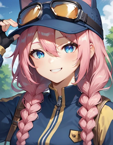 score_9,score_8_up,score_7_up,score_6_up BREAK official art,solo,outdoors,smile,upper body,(portrait:2),cheek-to-cheek,looking at viewer,facing viewer,Steam Delivery Girl,cat hat,baseball cap,blue headwear,goggles on headwear,medium hair,pink hair,twin braids,hair over shoulder,hair between eyes,parted bangs,blue eyes,multicolored jacket,blue jacket,medium breasts,yellow sleeves,puffy long sleeves,black gloves,fingerless gloves,denim shorts,thigh strap,grey socks,sneakers,black footwear,<lora:Steam Delivery Girl(steam)-Pony>,<lora:Smooth Anime Style LoRA XL:0.8>,