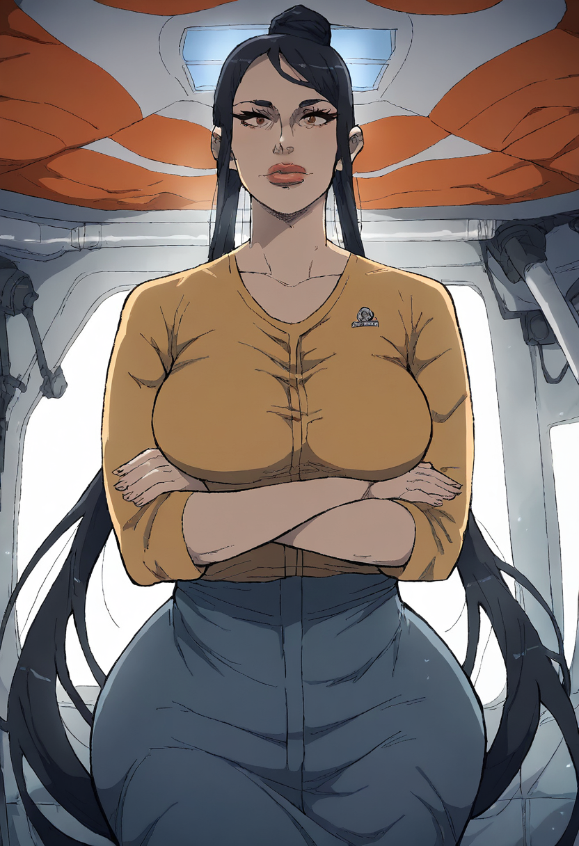 score_9, score_8_up, score_7_up, source_anime, 1girl, large_breasts, mature_female, curvy, wide_hips, solo, looking_at_viewer, open_eyes, Standing with arms crossed over chest, pov, Orange Smock, absurdly long hair, bun, Jet Black hair, waterpark, close-up, rating_safe, <lora:pony\artist_styles\contingency_pony:1.0>