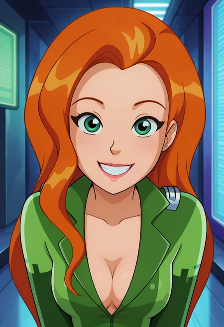 masterpiece, best quality, good quality, 1girl, solo, cartoon, totally_spies_2k24, sam, orange hair, green eyes, green bodysuit, sexy, (medium breasts, cleavage), beautiful, detailed, high detailed, very beautiful, detailed face, detailed eyes, detailed hand, neon, smile, grin, looking at viewer, face focus